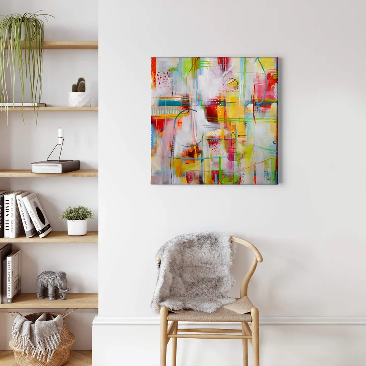 Abstrakte Kunst Leinwandbild Gelb Rot Blau Grün 50x50 DD123298 Wandbild Leinwand – Bild 2