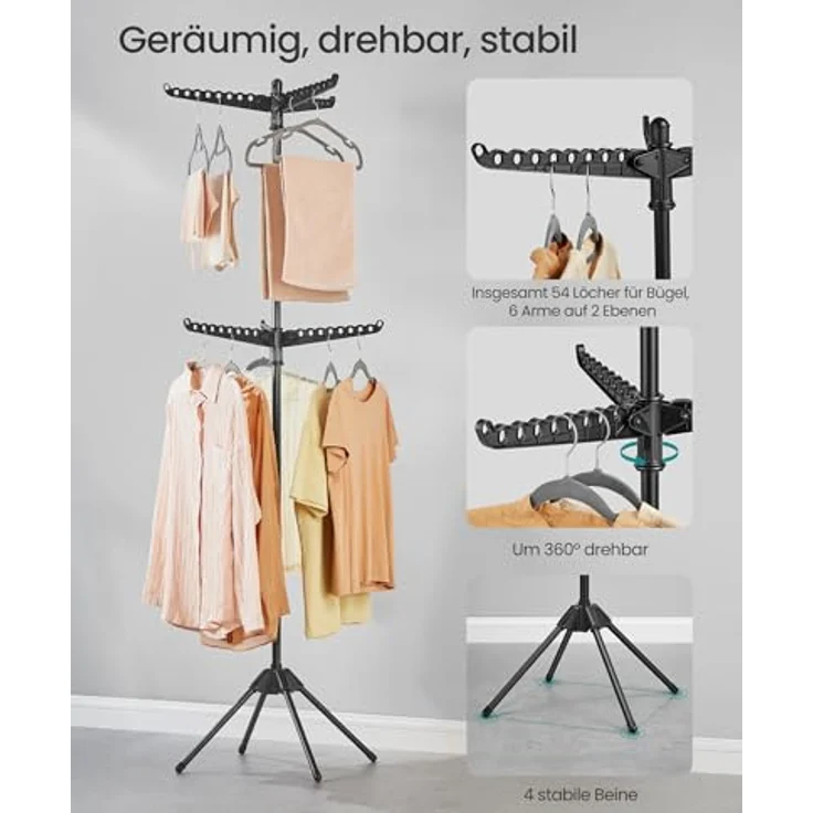 SONGMICS Wäscheständer, Standtrockner, 6 drehbare Arme für Kleiderbügel, 4 Beine, klappbar, für Innenbereich, Edelstahl, für Kleidung und Socken, 191 cm hoch, schwarz LLR514B01 – Bild 4
