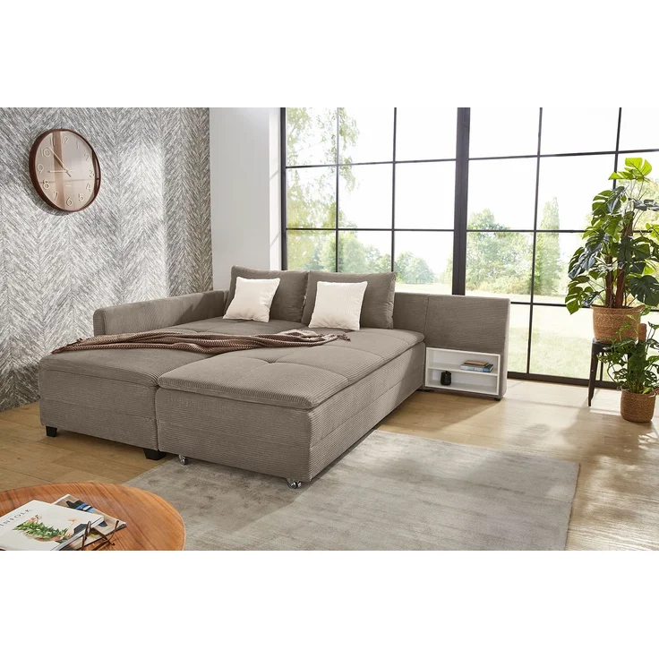 Ecksofa-Dauerschläfer Doppelbett Federkern Bettkasten Couch in Cord Braun Taupe – Bild 5