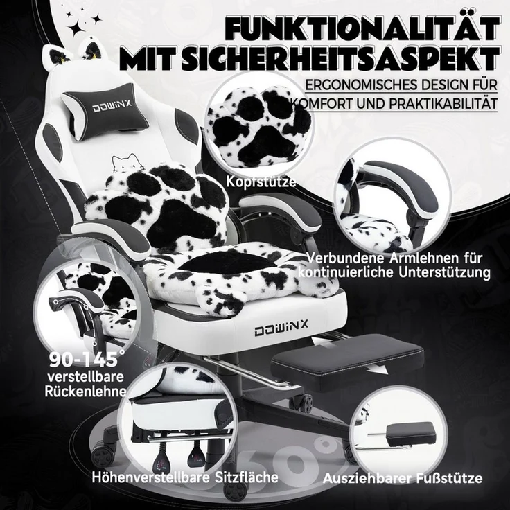 Dowinx Gaming-Stuhl Niedlich mit Katzenohren, Pfoten-Lendenkissen und Sitzkissen, (Packung), Ergonomischer Computerstuhl mit Fußstütze, PC-Spiele-Stuhl für Mädchen – Bild 3