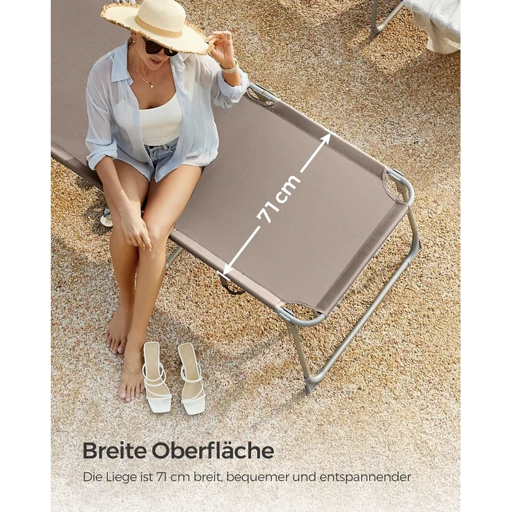 Songmics Sonnenliege mit Sonnenschutz, Kopfstütze & verstellbarer Rückenlehne, klappbar, 200 x 71 x 38 cm, Taupe – Bild 4