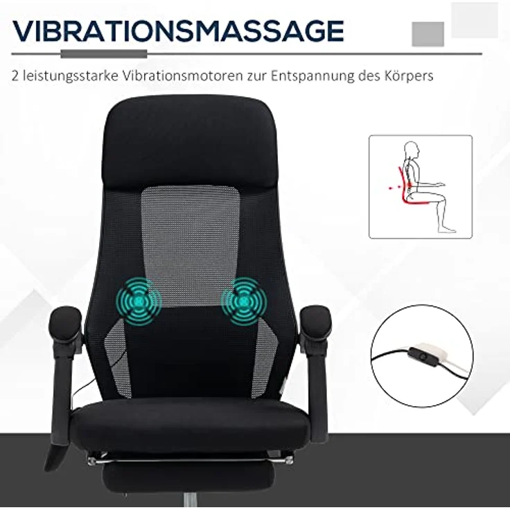 Vinsetto Bürostuhl mit Massagefunktion und Liegefunktion, ergonomischer Gaming Stuhl mit USB-Schnittstelle und atmungsaktivem Netzgewebe – Bild 4