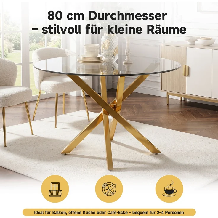 Runder Tisch 80 cm – Glasplatte und goldfarbenes Metallgestell mit Kreuzdesign – Bild 6