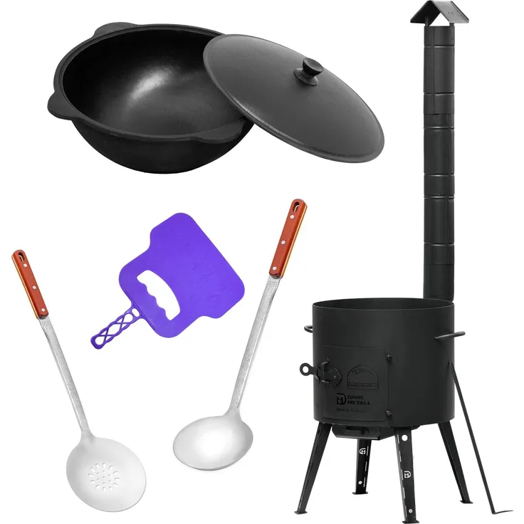 Ø44 Uchag 2mm Stahl Utschak mit Abzugsrohr 16L Kazan Rund Grillfächer Schaumkelle Suppenkelle Utschak Utschag Kasan Feldküche Außenküche Eintopfofen Gulaschkanone