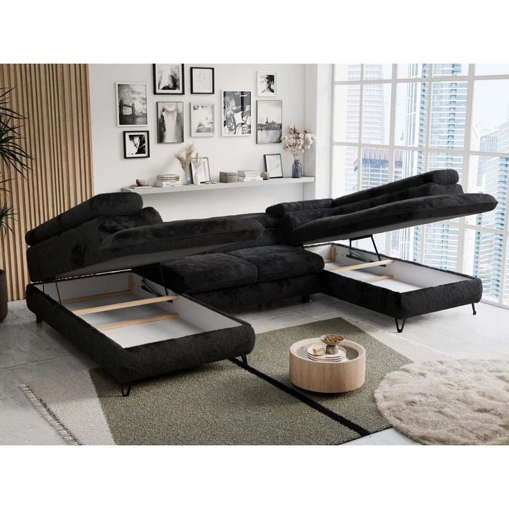 Ecksofa U-Form, mit Bettkasten, Bettfunktion und Einstellbare Kopfstützen, Sofa big XXL - PETER U - Schwarz Plüsch - Topper T25 – Bild 3