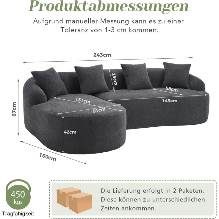 DESVIAE Sofa 3-Sitzer mit geschwungenem Design, Chenille, Dunkelgrau, 243 x 150 x 67 cm – Bild 5
