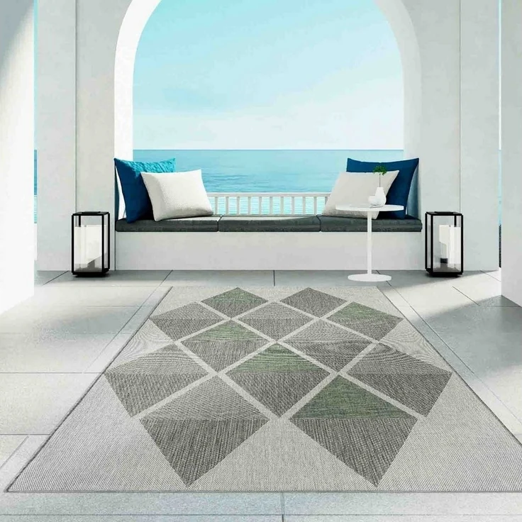 TaraCarpet Teppich Regina Teppich aus robustem Flachgewebe für In und Outdoor, rund, Höhe: 7 mm, Küche Wohnzimmer Terrasse Garten Balkon Karo grün 120X120 – Bild 5