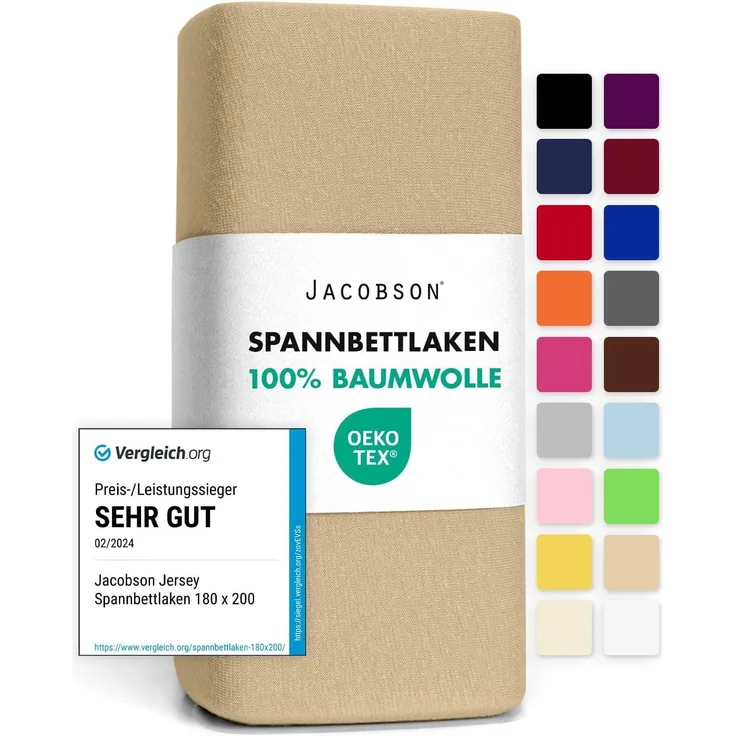Jacobson Spannbettlaken aus 100% Baumwolle, Jersey Bettlaken 160 g/m², Spannbetttuch mit Gummizug, OEKO-TEX®, pflegeleicht, viele Farben