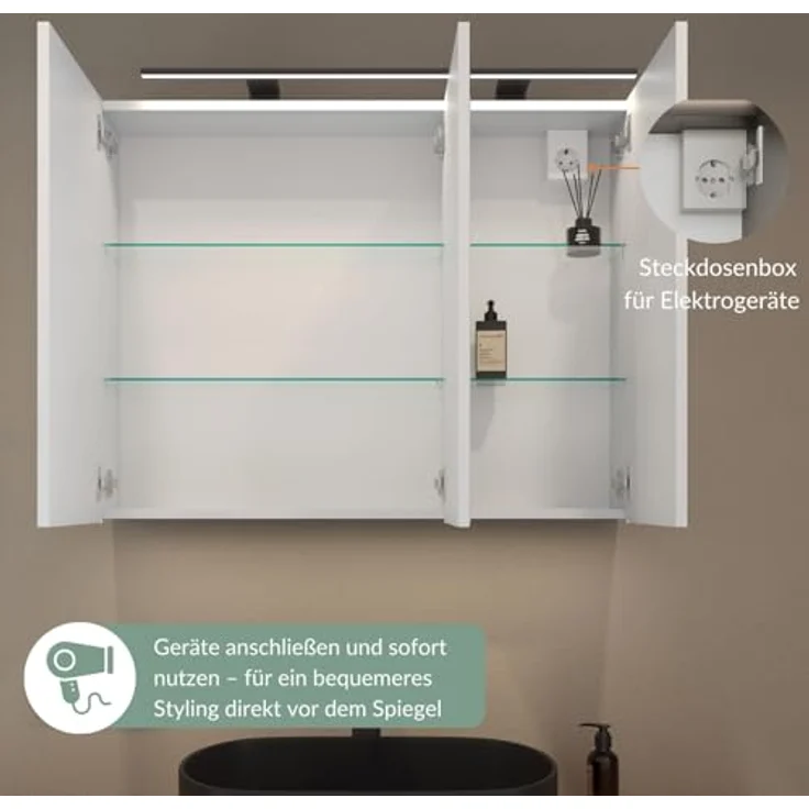 Planetmöbel ARIA Spiegelschrank Bad mit Beleuchtung 90 cm breit | Badschrank hängend mit Spiegel | Weiß Grau, mit Leuchte und Steckdose, Spiegelschrank Gäste WC 90 x 70 x 16 cm – Bild 8