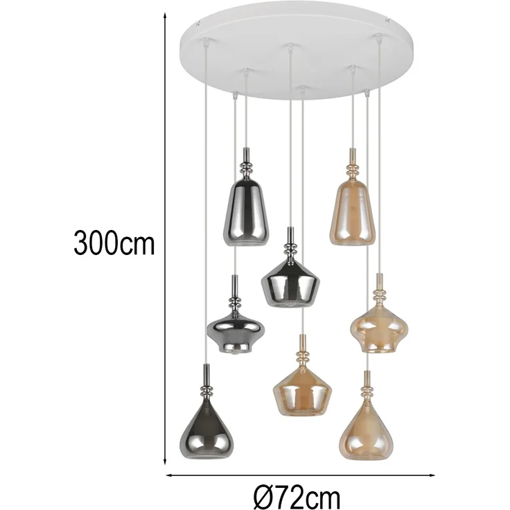 LED Cluster Pendelleuchte 8-flammig Glas Bernstein & Chrom verspiegelt, Ø 72cm – Bild 4