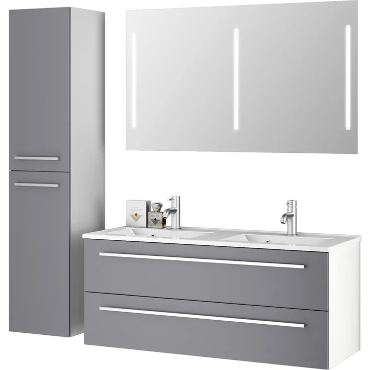 Sieper I Badmöbel Set Libato, Doppelwaschtisch mit Unterschrank 120x50 cm, Hochschrank und Badspiegel I Arktisgrau