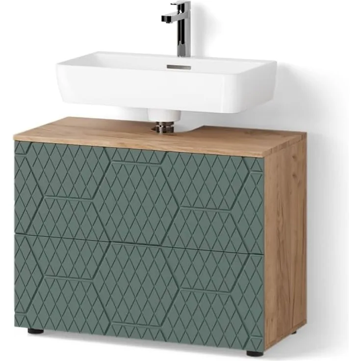 Livinity® Waschbeckenunterschrank Ronco, Grün/Goldkraft Eiche, 80 x 58.6 cm mit 2 Schubladen