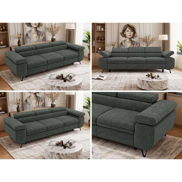 3-Sitzer Polstersofa PETER, verstellbaren Armlehnen und Kopfstütze, breite 262 cm, Gepolsterte Couch, Wellenfeder - Dunkelgrau Struktur – Bild 2