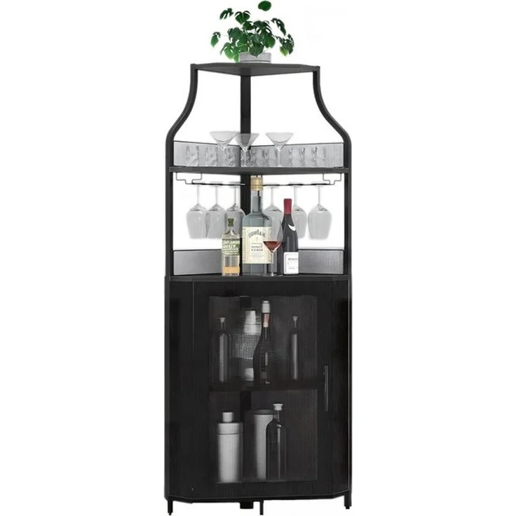 GarveeMore Weinschrank 5-stöckiges mit Glasständer und verstellbaren Regalen,47x32x154cm industrielles Eckschrank,Barschrank mit Türen aus Metallgitter für bar – Bild 4