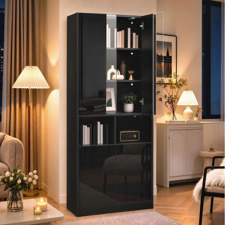 DESVIAE Garderobenschrank Hochschrank Schwarz aus MDF/Spanplatte – 70x180x35 cm – LED-Beleuchtung, Acryl-Sichtfenster – Bild 2