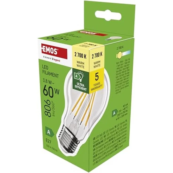 EMOS - LED-Lampe Filament A60 - A Klasse Vintage-Glühbirne - E27 Sockel - warmweiß - 806 lm - extra-sparsam, 3,8W (statt 60W Glühbirne) - 50 000 Stunden - Winkel 300 ° - CRI min. 80 – Bild 1