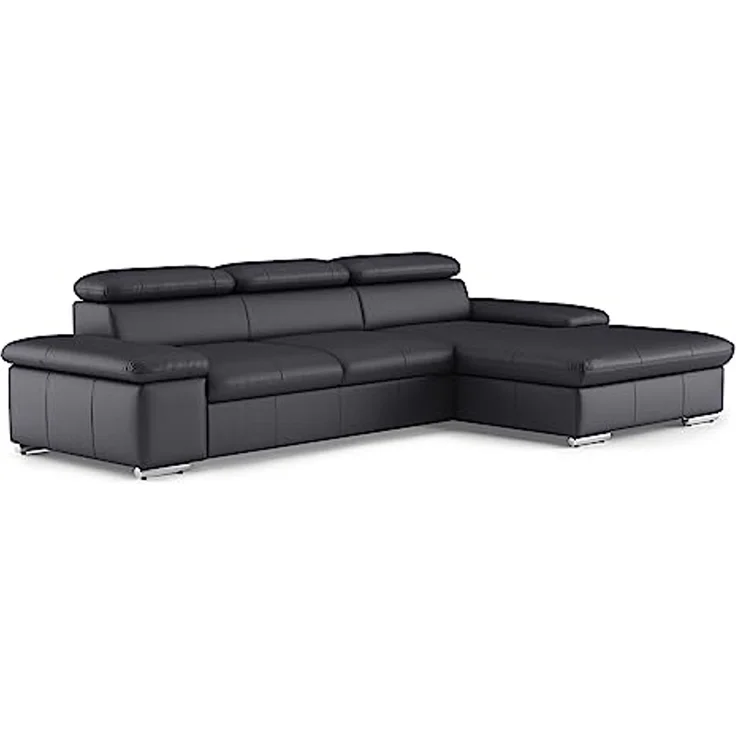 CAVADORE Leder-Ecksofa Valerie mit XL-Longchair / Eckcouch mit Kopfteilverstellung, großem Longchair + Metallfüßen / 286 x 73 x 174 / Echtleder Schwarz – Bild 1