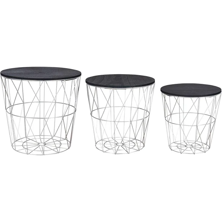 levandeo 3er Set Beistelltisch Metall Metallkorb Drahtkorb Silber Schwarz Couchtisch Deckel Aufbewahrung Design Deko Tisch