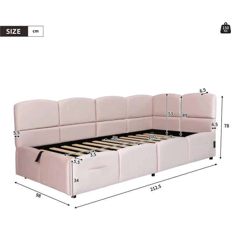 Polsterbett, Kinderbett,Einzelbett, Stauraumbett, Schlafsofa 90x200 cm, mit Lattenrost, USB-Ladegerät, Stautasche, Jugendbett und Erwachsenen-Kinderbett, Samt,rosa (ohne Matratze) – Bild 5