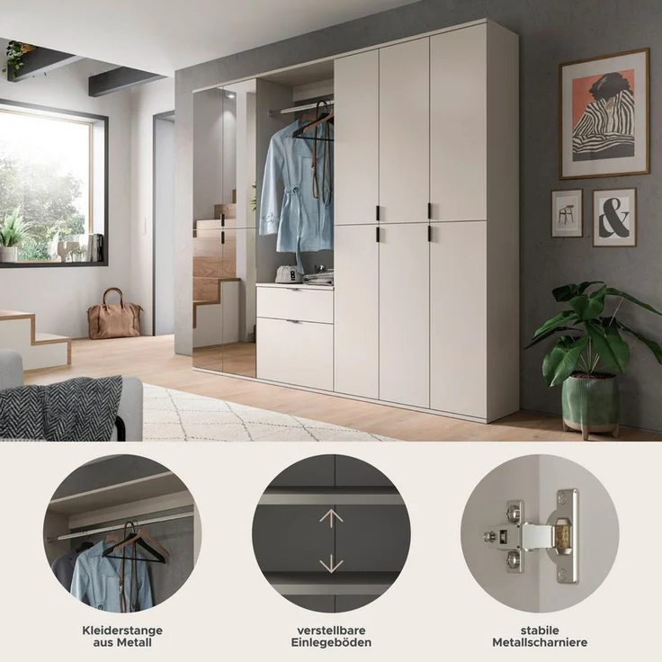 Home affaire Garderoben-Set TRONDHEIM, 6-teilig, Breite 213cm, individuell platzier- & erweiterbar, (Set, 5-St, bestehend aus: 3x Garderobenschrank & 3-tlgs. Zwischenbauelement), Garderobenschrank, Kleiderschrank, Schrankkombination, Garderobe – Bild 4