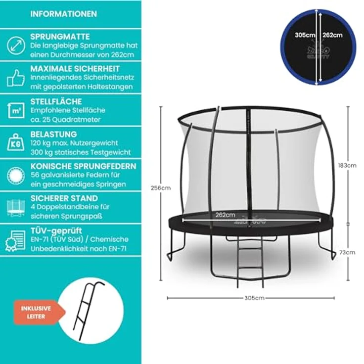 Ultima 4 Black Edition Zero Gravity Trampolin Ø 305 cm, mit Leiter und Sicherheitsnetz, für Nutzer bis 120 kg – Bild 6