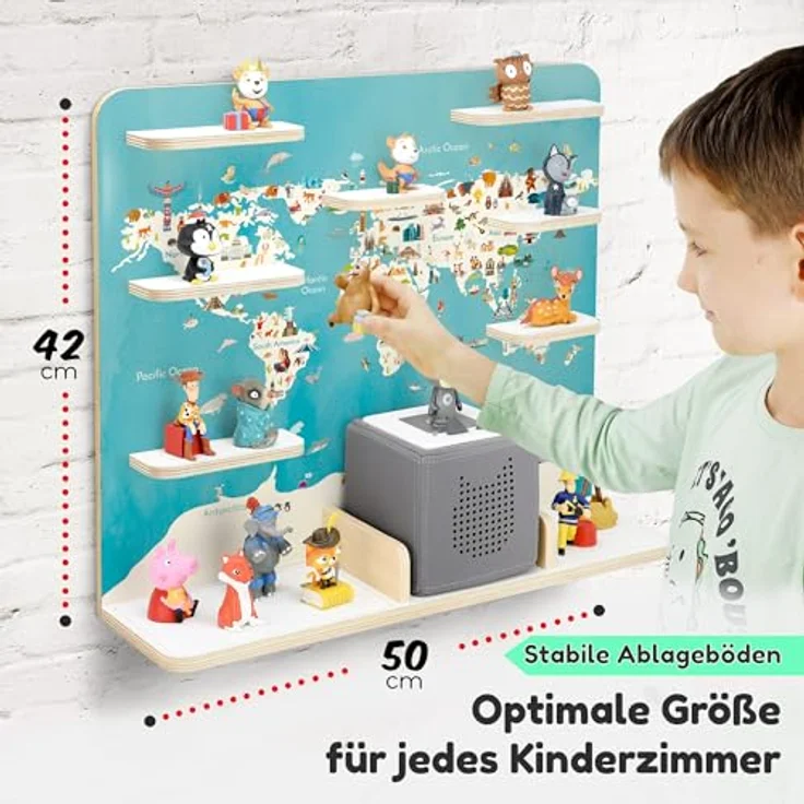 stadtecken Holzregal für Musikbox I Geeignet für die Toniebox und ca. 50 Tonies I Perfekte Tonie Aufbewahrung im Kinderzimmer I Zum Aufstellen oder Aufhängen I Globus, groß – Bild 3