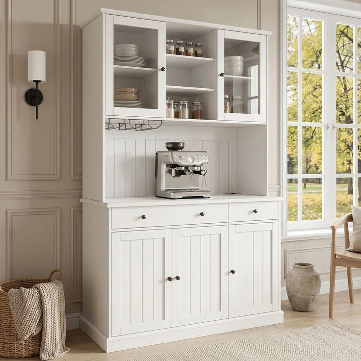 EINHOM Buffetschränke, Esszimmer-Hochschrank 120 x 40 x 191 cm, mit Glastüren, Gläserhalter, Mehrstufigem Stauraum, Integrierter Steckdose sowie USB-C- und USB-A-Anschlüssen, Weiße und schwarze Griffe – Bild 5
