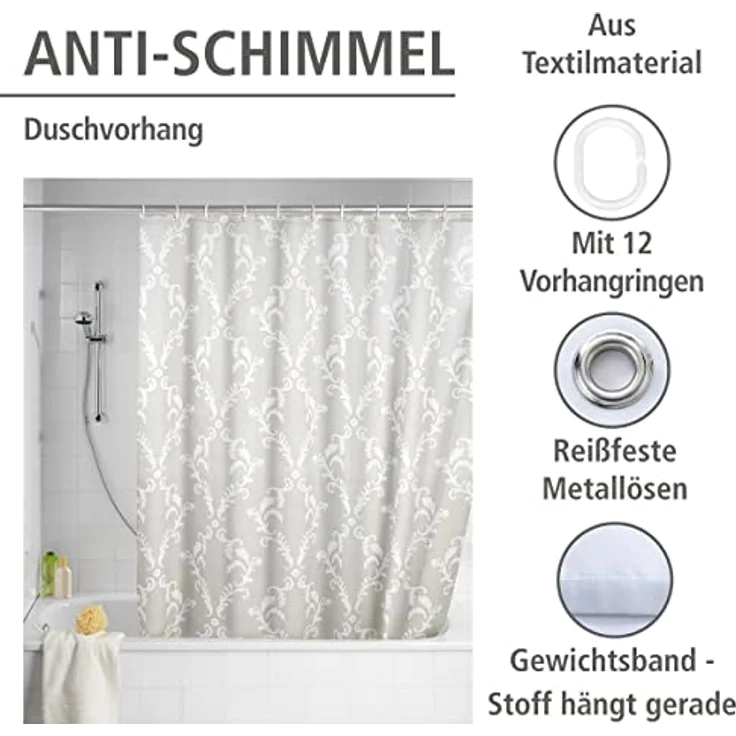 WENKO BAROQUE Duschvorhang 180 x 200 cm, Beige, waschbar – Bild 5