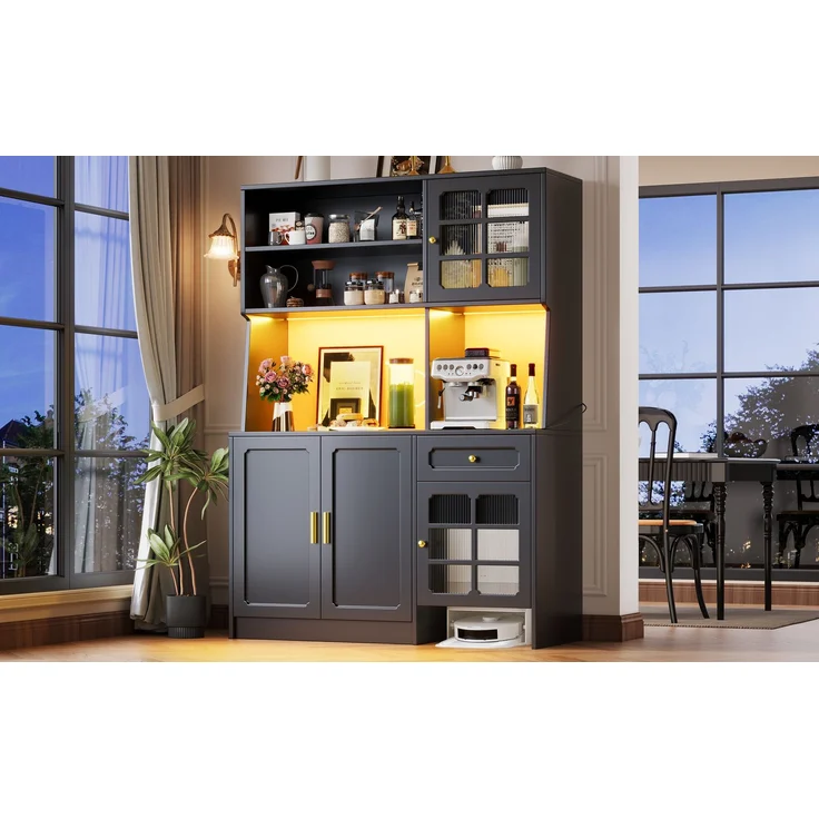 Küchenschrank, hoher Küchenschrank Sideboard Küchenschrank mit Glastüren und LED-Beleuchtung, MDF/Glas, Schwarz, 130 x 45 x 180 cm – Bild 4