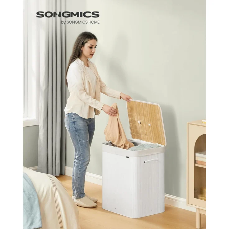 SONGMICS Wäschekorb 2 Fächer, 100 L Wäschesammler mit Deckel, Wäschebox Bambus, mit Griffen, faltbar, Wäschesack herausnehmbar maschinenwaschbar, Waschküche, braun, grau – Bild 3