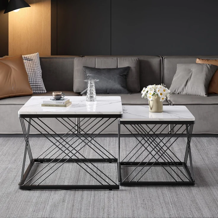 2-teiliges Couchtisch-Set in Weiß mit hochglänzender Marmoroptik, quadratische Beistelltische aus MDF mit höhenverstellbaren Füßen – Bild 2