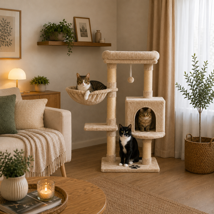 belviona Katzenkratzbaum 93 cm, mit Höhle, Liegemulde, Liegebett & Sisalstämmen, platzsparend, beige