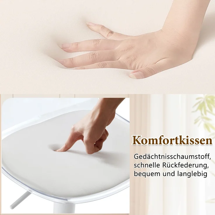 Flexibles Bar-Set: 89 cm Glastisch + 2 Hocker mit weißen Beinen, höhenverstellbar & drehbar, • Transparente Optik • 360°-Drehung • Vielseitig nutzbar, Schafft visuelle Weite und spart Platz.--Silber, Transparent, Weiß--51x49.5x50cm--YOUDENOVA – Bild 6