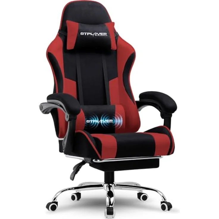 GTPLAYER Gaming Stuhl, Bürostuhl, Ergonomischer Pc Stuhl, Gaming Sessel mit Massagelendenwirbelstütze, Task Stühle mit Fußstütze und Kopfstütze, Rot Stoff – Bild 1