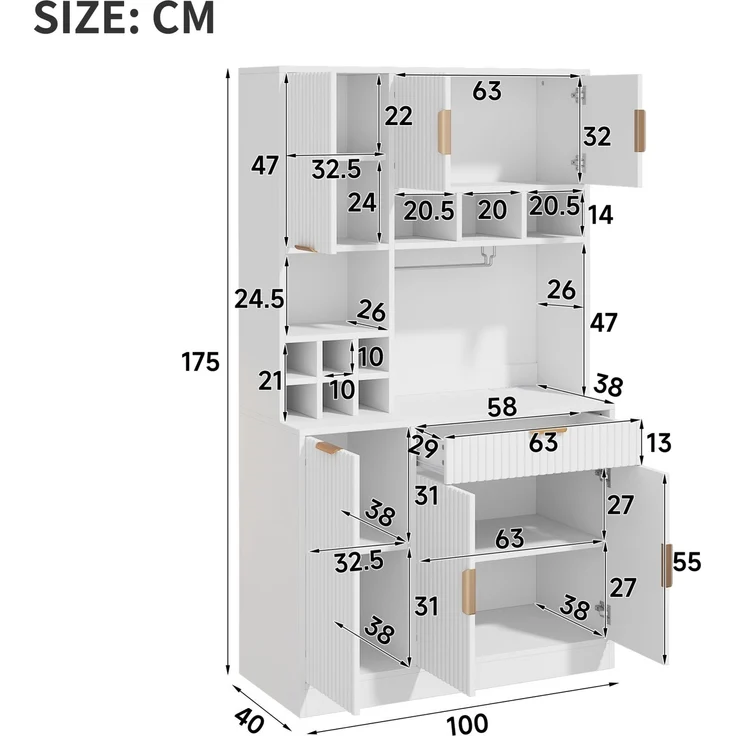 Buffetschrank 100 x 40 x 175 cm mit Steckdosen, USB, Weinablage – Hochschrank in Weiß – Bild 4