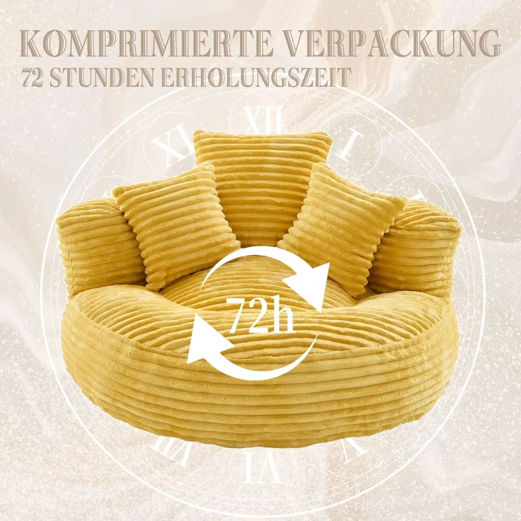 EINHOM Cord-Sitzsack – ein strapazierfähiger und bequemer Liegesessel. Sitzsack mit hoher Rückenlehne, ausgestattet mit drei Kissen, geeignet für Erwachsene und Kinder (gelber Cord) – Bild 3