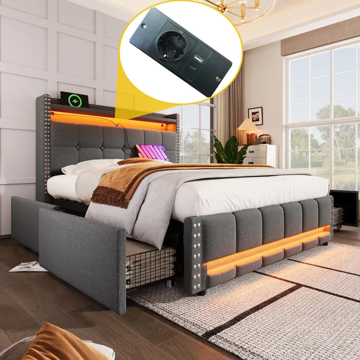 Polsterbett 140x200 mit LED-Beleuchtung, USB-Anschluss & Stauraum, graues Leinenbett mit Schublade,inklusive Taschenfederkern