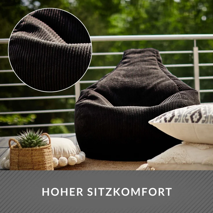 Green Bean® Sitzsack mit Rückenlehne 80x80x90cm - Gaming Chair mit 230L Füllung Cordstoff - Bean Bag Bodenkissen Lounge Sitzhocker Relax-Sessel Gamer Gamingstuhl Schwarz – Bild 5