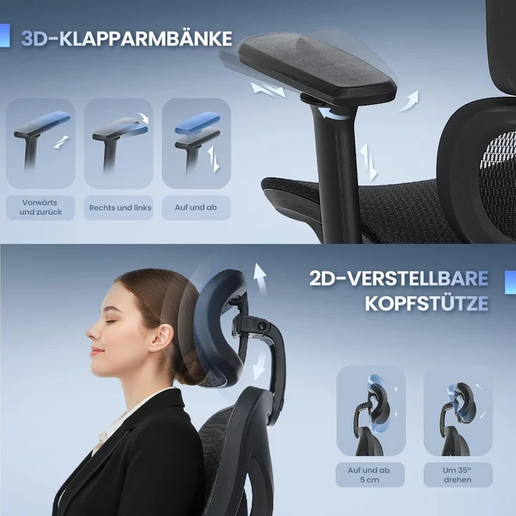 COLAMY Ergonomischer Bürostuhl – Schreibtischstuhl mit Sattel-Sitzpolster für optimale Druckentlastung, atmungsaktiv, 3D-Armlehnen, Kopfstütze, Büro/Homeoffice/Studium, Schwarz – Bild 6