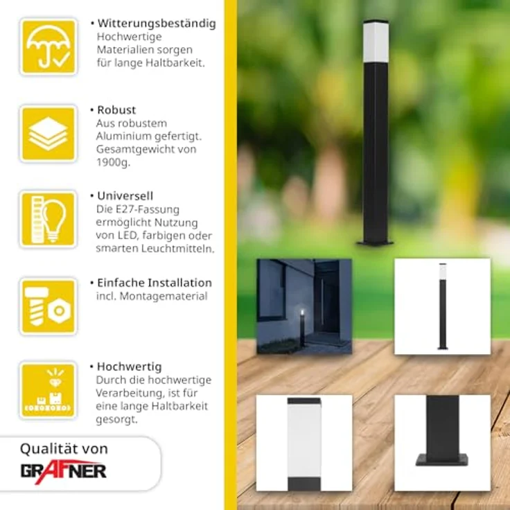 Grafner XL Wegeleuchte, 100 cm Höhe, Aluminium, E27, schwarz anthrazit, IP44, 360° Lichtschein, Gartenlampe für Außenbereiche – Bild 2