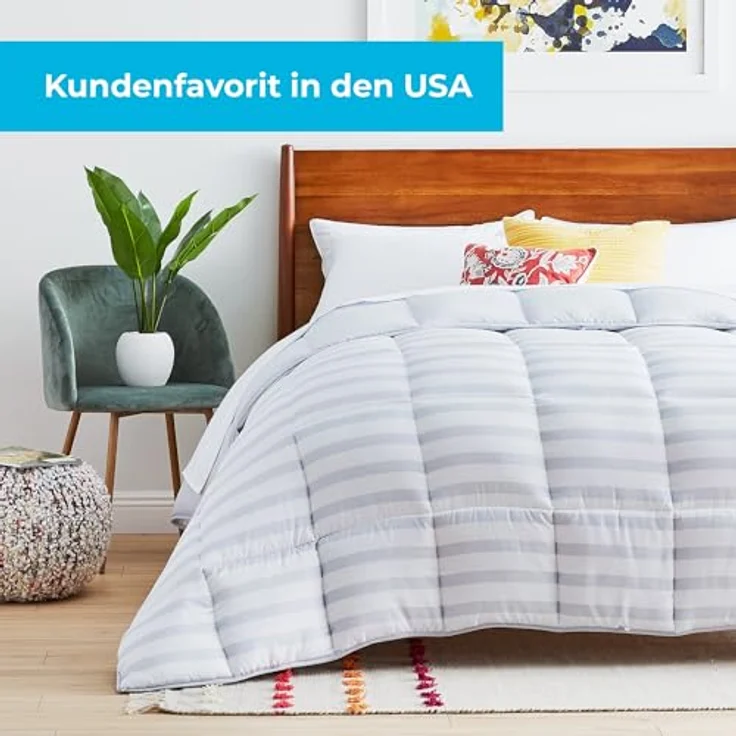 Linenspa 4 Jahreszeiten Bettdecke aus Microfaser – Ganzjahresdecke – Ultraweich – Steppdecke 155x220 cm, Grau / Weiß gestreift – Bild 5