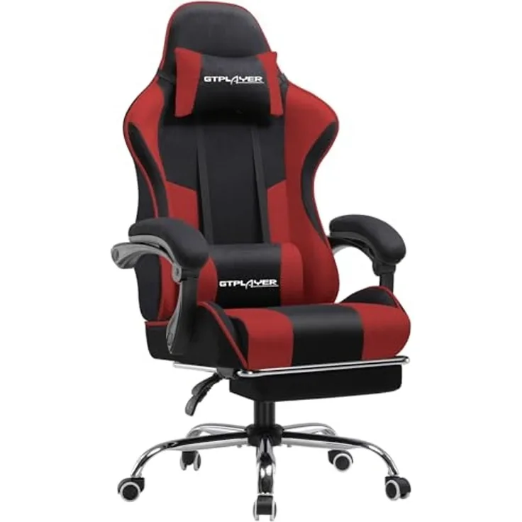 GTPLAYER Ergonomischer Gaming-Stuhl, Gaming-Stuhl, Bürostuhl, mit 135° Verstellbarer Rückenlehne, höhenverstellbar, einziehbare Fußstütze, roter Stoff