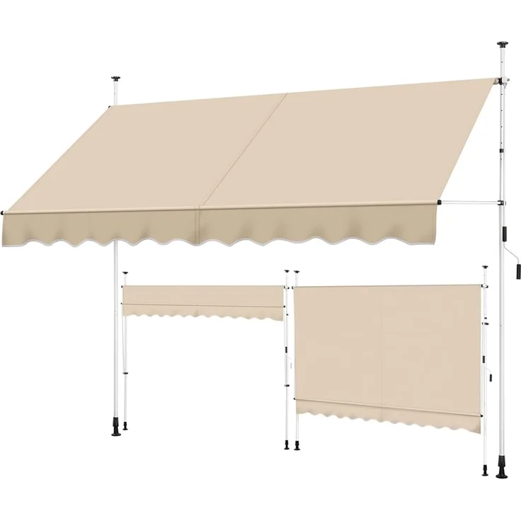 Yaheetech Klemmmarkise 300cm Breit Balkonmarkise mit Handkurbel Sonnenschutz ohne Bohren Sonnenmarkise höhenverstellbar Markise mit Gestell, Beige