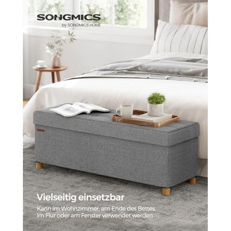 Songmics Sitzbank mit Stauraum, Schuhbank, klappbare Sitztruhe, Aufbewahrungsbox, Fußbank, 38 x 110 x 40 cm, für Wohnzimmer, Schlafzimmer, Aschgrau – Bild 4