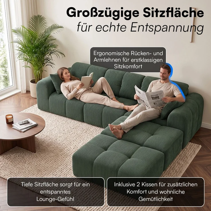 skølm 'Vanaheim' Sofa 3 Sitzer mit 2 Hocker & 2 Kissen, Cloud Sofa dunkelgrün, Cord, Vollschaumcouch mit Federkern und Vakuum-Kompression, kein Aufbau erforderlich – Bild 7