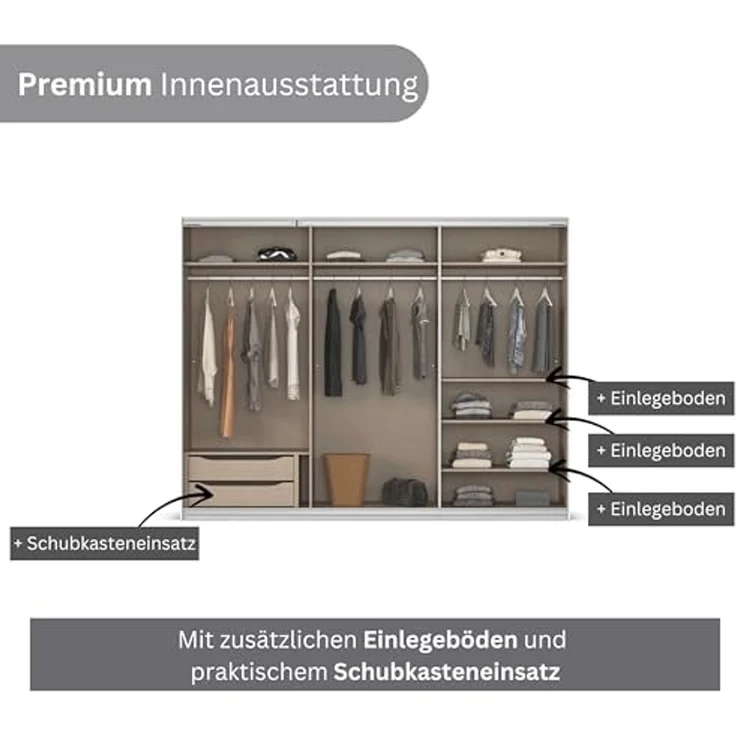 Rauch Möbel Kulmbach, Kleiderschrank mit Schwebetüren für Schlafzimmer, Kinderzimmer, Garderobe, Flur, 3-türig, mit Soft-Close-Funktion, Zubehör Premium, Farbe Beige, Breite 271 cm – Bild 7