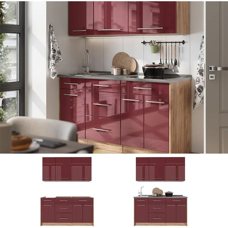 Singleküche Fame-Line Bordeaux Hochglanz/Goldkraft Eiche 150 cm, AP Eiche Vicco – Bild 7
