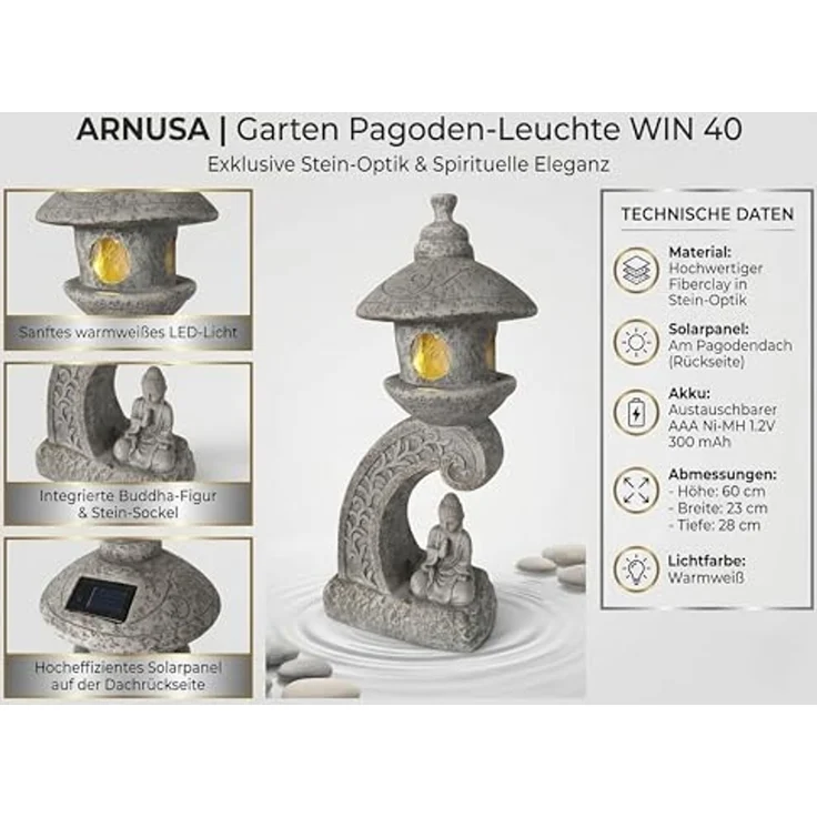 Arnusa LED Solarleuchte Pagode mit Solarlampe Kunststein 60 cm Gartendeko Laterne mit Buddha, LED fest integriert, warmweiß, Japanischer Asiatischer Stil Gartenfigur – Bild 3