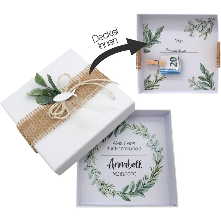 ZauberDeko Geschenkbox Geldgeschenk MIT NAME Kommunion Konfirmation Fisch Eukalyptus – Bild 2