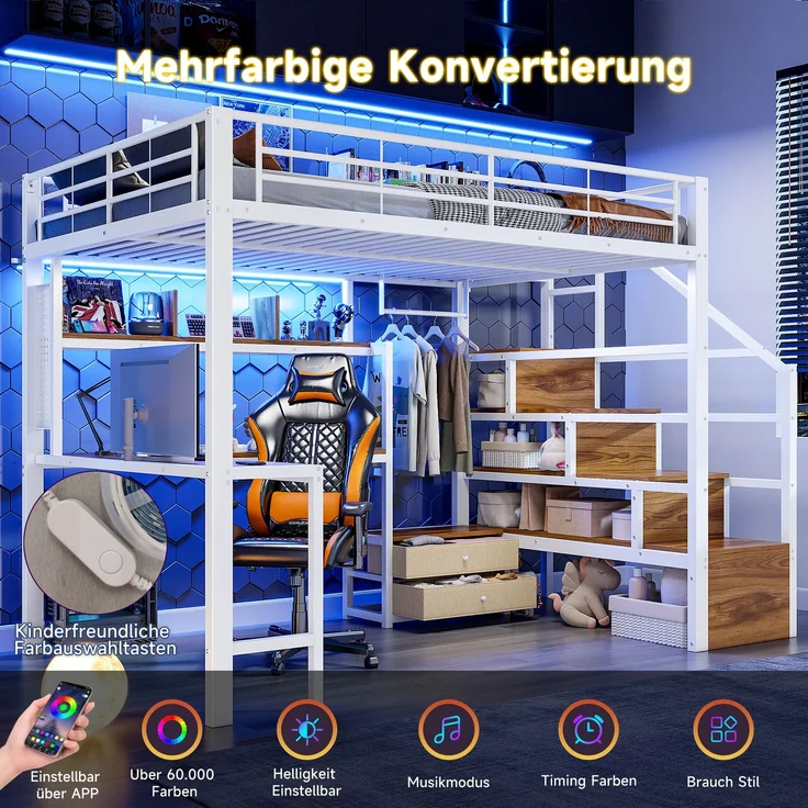 Merax Hochbett, Kinderbett 140 x 200 cm, Jugendbett mit 2 Schubladen, mit LED-Lichtleiste, Schreibtisch, Ohne Matratze, Weiß – Bild 7